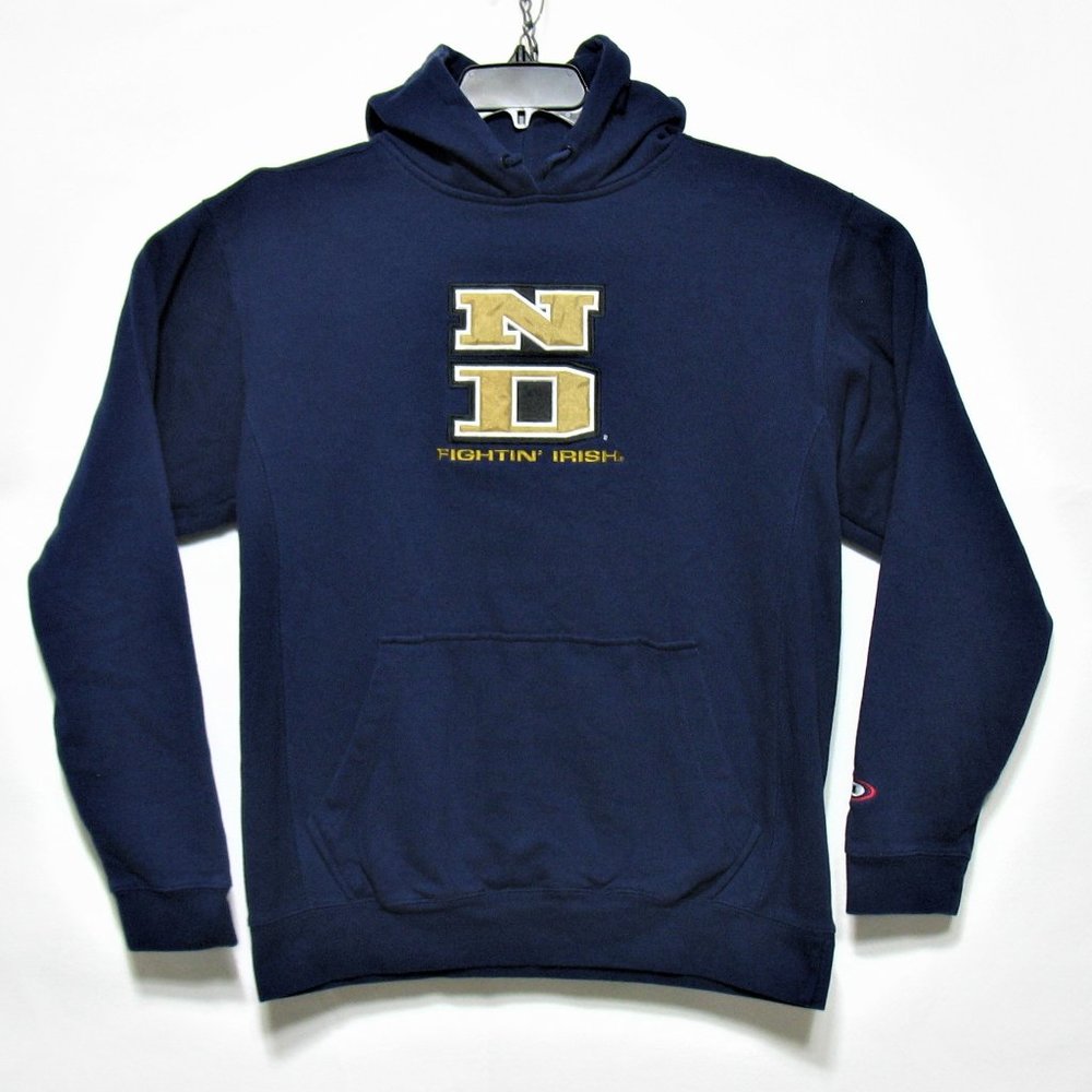 Vintage Notre Dame Fighting Irish Logo Heavy Hoodie Sweatshirt Navy & Gold Sz M